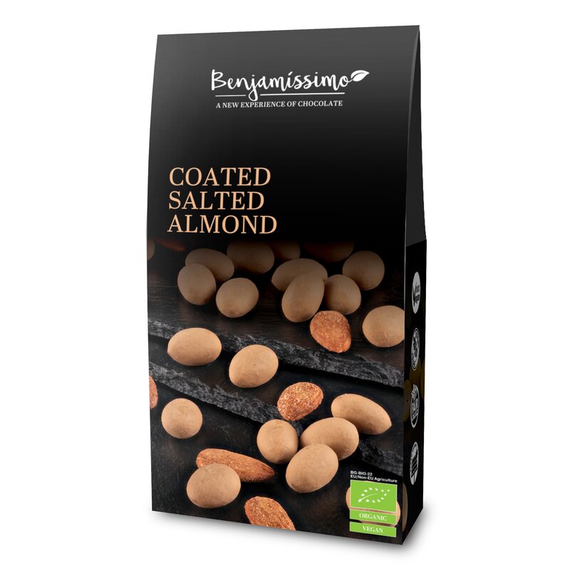 Migdale sarate invelite in ciocolata cu caramel sarat, bio, 60g, Benjamissimo