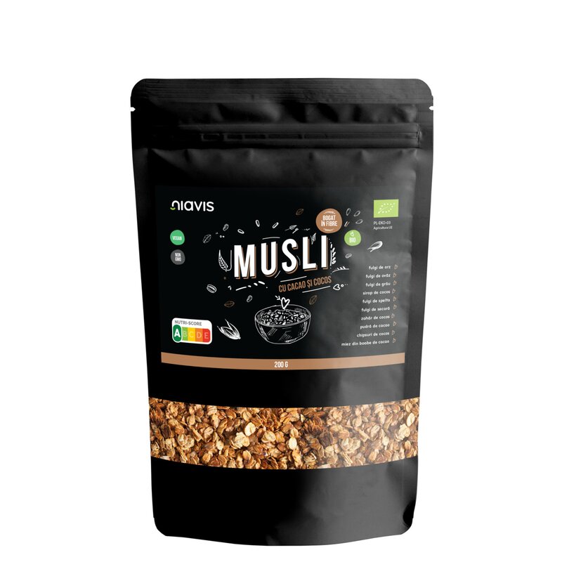 MUSLI CU CACAO SI COCOS, BIO, 200G, NIAVIS