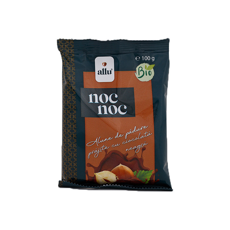Noc noc – alune de padure prajite cu ciocolata neagra, eco, 100g, allu