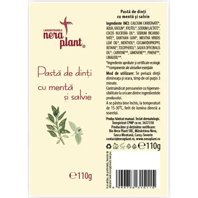 Pasta de dinti cu menta si slavie, 110g, Laboratoarele Nera Plant