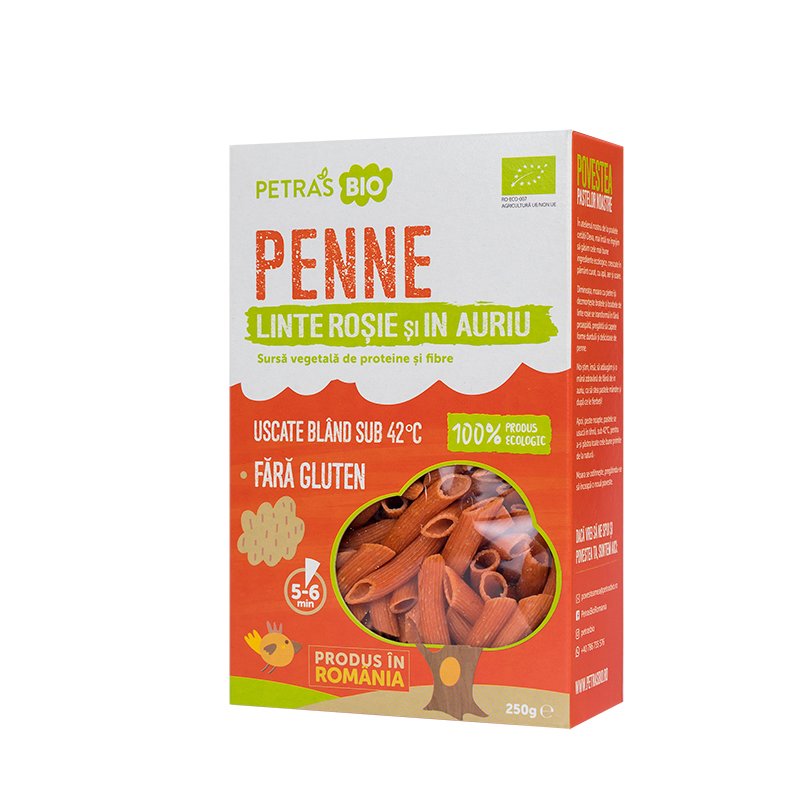 Penne eco din linte rosie si in auriu, Petras Bio, 250g