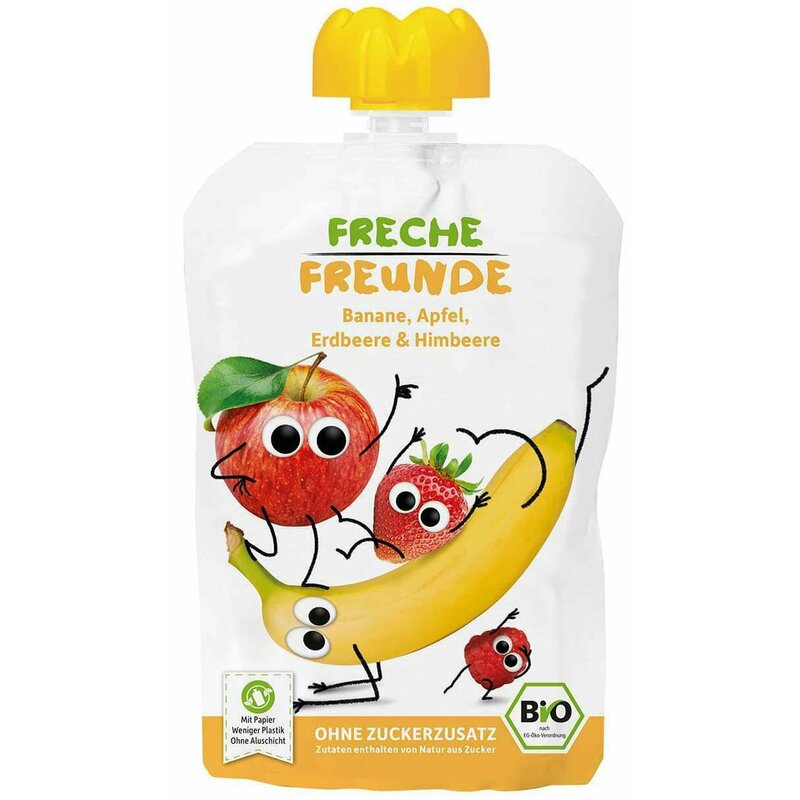 Piure de banane, mere, capsuni si zmeura bio 100g Erdbar