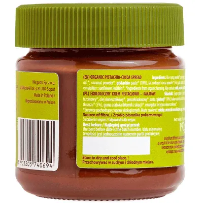 Crema tartinabila de ciocolata cu fistic si cacao, bio, 190g, Super Fudgio
