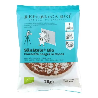 SANATELE BIO Ciocolata neagra si Cocos, ecologic, fara gluten, 28g, Republica Bio