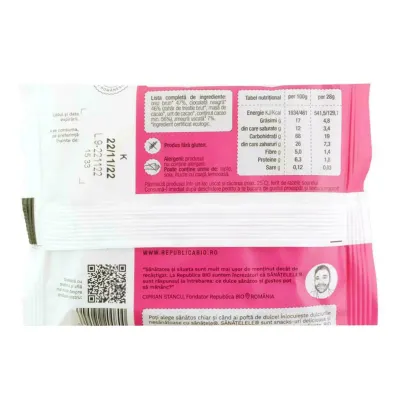 SANATELE BIO Ciocolata neagra si Zmeura, ecologic, fara gluten, 28g, Republica Bio