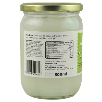 Ulei de cocos extravirgin, presat la rece, bio -  Republica BIO, 500 ml