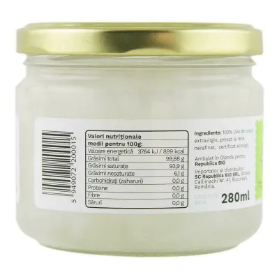 Ulei de cocos Republica BIO 280 ml, extravirgin, presat la rece, bio