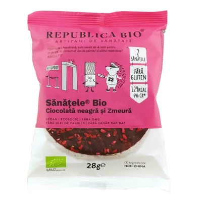 SANATELE BIO Ciocolata neagra si Zmeura, ecologic, fara gluten, 28g, Republica Bio