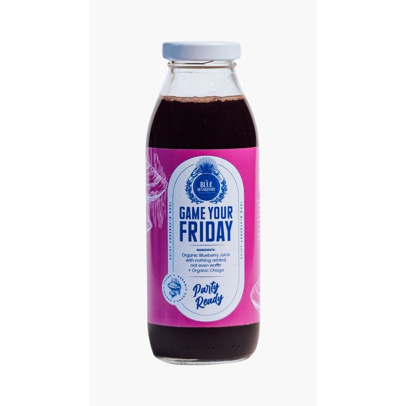 Suc de Afine 100%, Certificat Eco, Chaga mushroom extract 30%, Game your Friday, 300ml, The Blue Renaissance