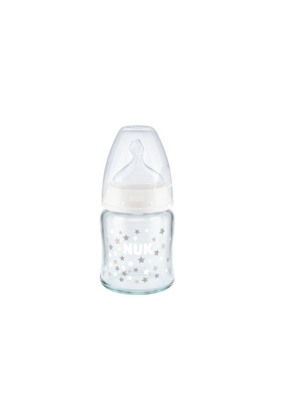 Biberon sticla Nuk, first choice, tetina silicon, 0-6 luni, 120 ml, alba cu stelute gri NUK