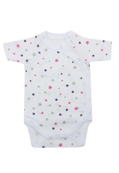 Body maneca scurta, stelute roz si mov, bumbac, alb