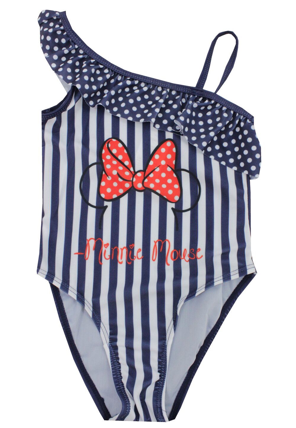 Costum de baie, intreg, Minnie Mouse, bleumarin cu dungi albe