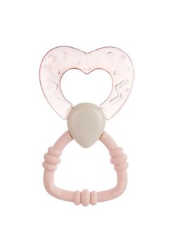 Jucarie dentitie, silicon, inima cu maner, roz, 12 x 7 cm