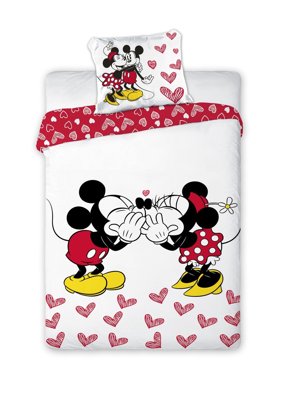 Lenjerie de pat, Minnie si Mickey, inimioare rosii, 160 x 200 cm Diseny