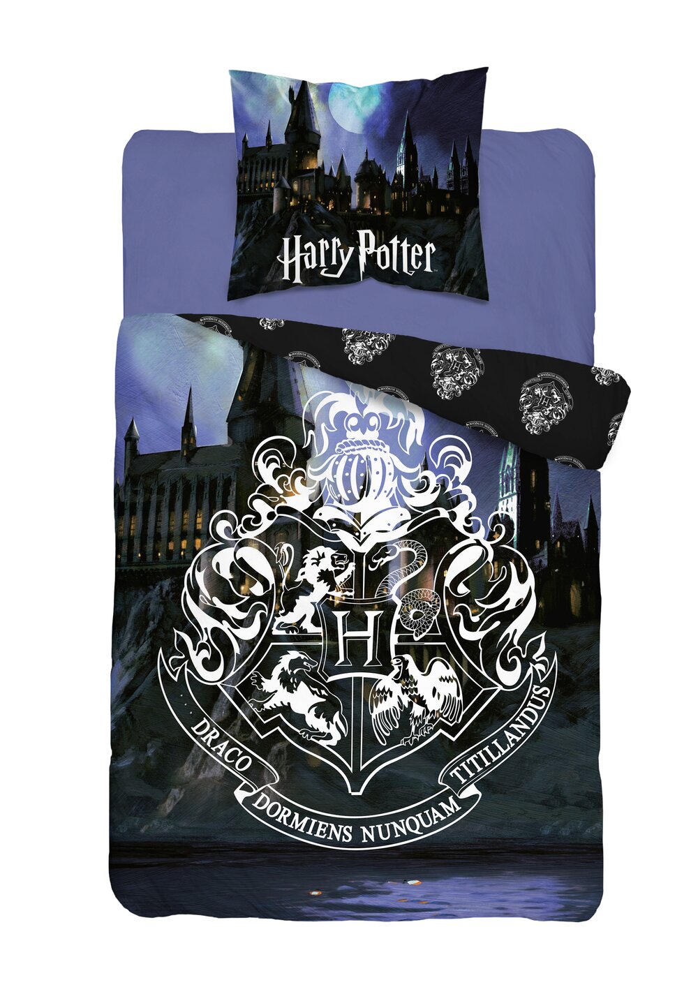 Lenjerie pat bumbac, Harry Potter, Hogwart, neagra, 160×200 cm DISNEY
