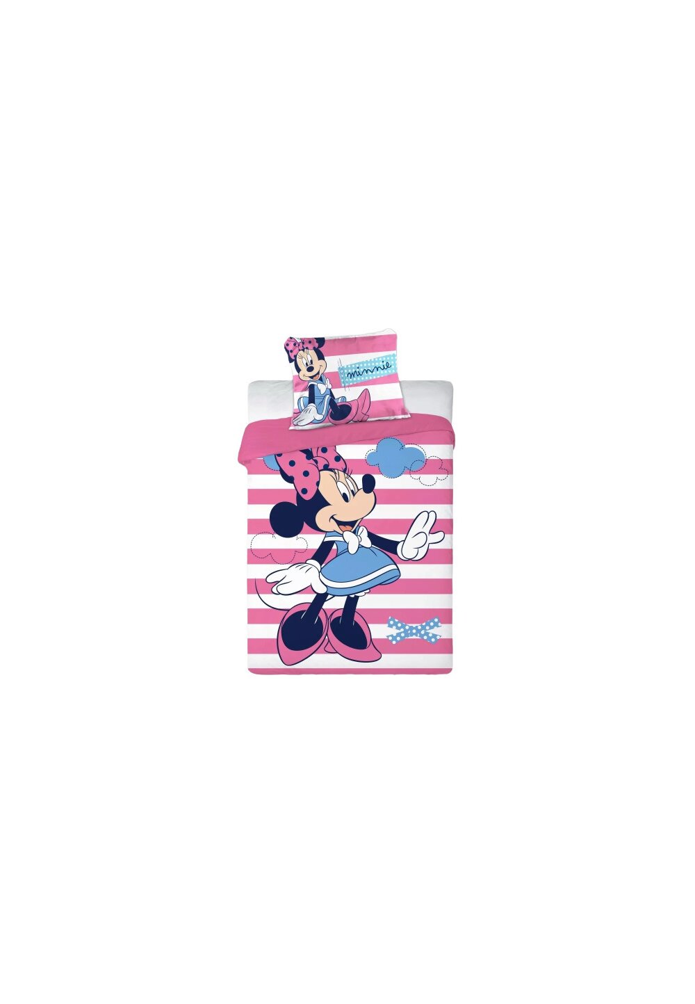 Lenjerie pat bumbac, Minnie Mouse, roz cu dungi, 100×135 cm Prichindel