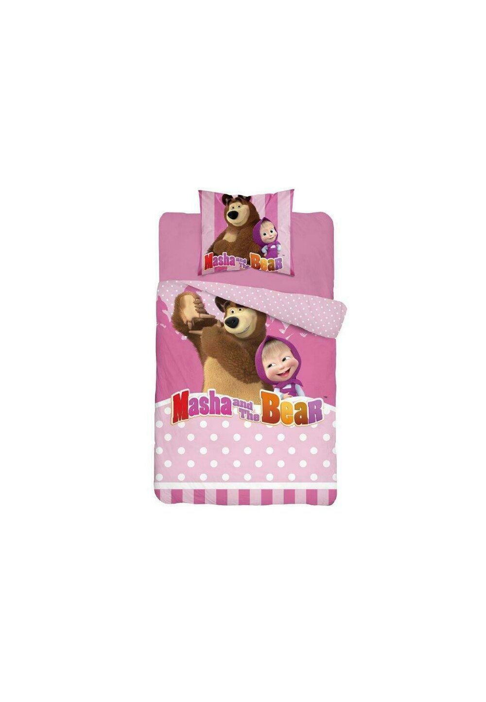 Lenjerie pat, Masha si Ursul, roz cu buline albe,140×200 cm DISNEY imagine noua