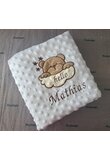 Paturica minky, Ursuletul hello, personalizata, diverse culori, 100x80cm