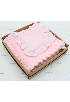 Paturica minky verso muselina, Iris, cu volanas, roz,  80x100 cm