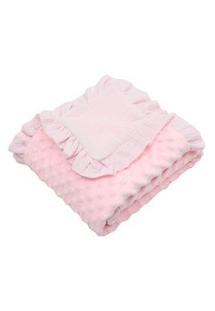 Paturica minky verso muselina, Iris, cu volanas, roz,  80x100 cm