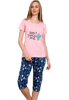 Pijama femei, pantalon 3/4, Dont touch me, roz