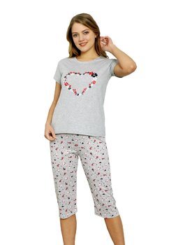 Pijama femei, pantalon 3/4, Love, gri cu floricele
