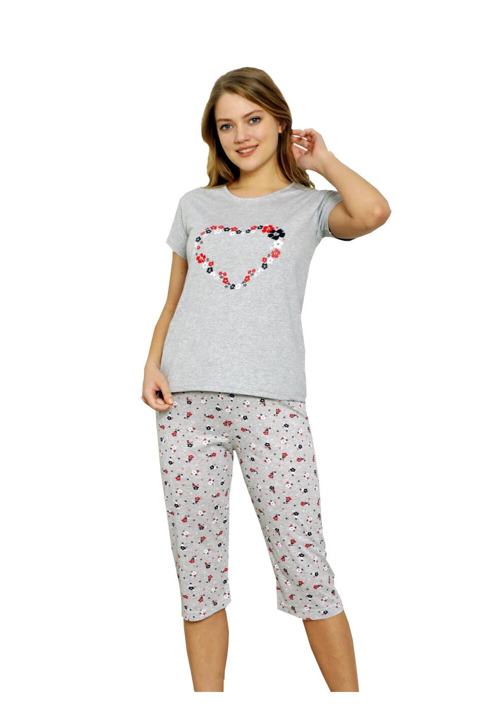 Pijama femei, pantalon 3/4, Love, gri cu floricele 3-4