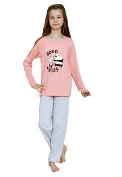 Pijama fete maneca lunga, bumbac, Good Vibes, roz