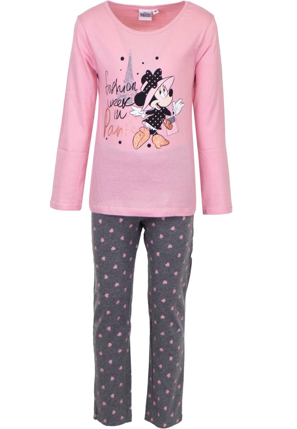 Pijama maneca lunga, bumbac, cu imprimeu, Minnie, Paris, roz DISNEY imagine noua