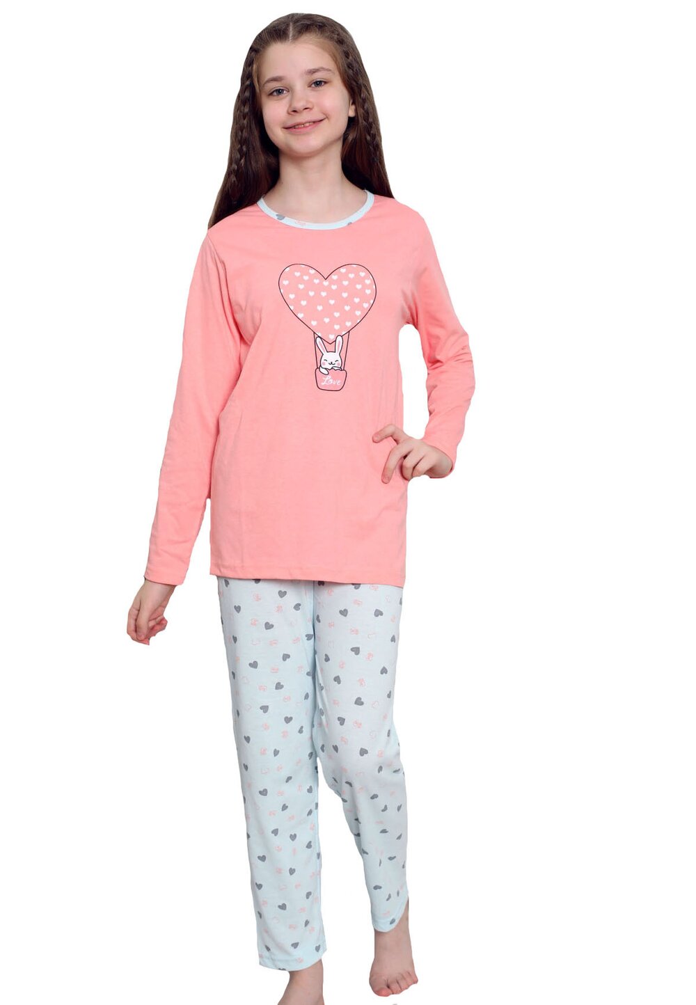 Pijama maneca lunga, bumbac, Love Rabbit, roz bumbac