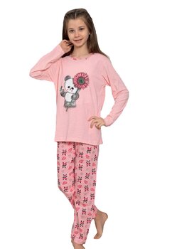 Pijama maneca lunga, bumbac, Panda and Flowers, roz