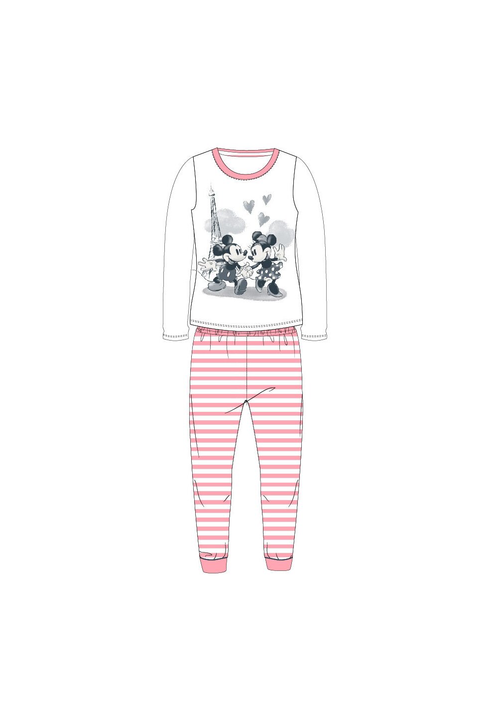 Pijama ML, 98%bumbac, cu imprimeu, Minnie si Mickey in Paris, roz 98%bumbac