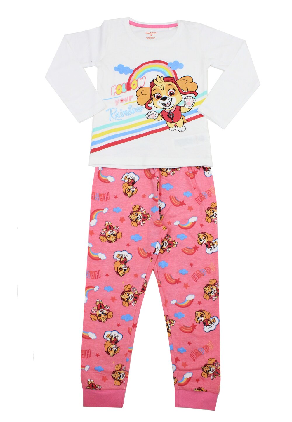 Pijama ML, bumbac, cu imprimeu, Follow your Rainbow, Skye, crem cu roz bumbac