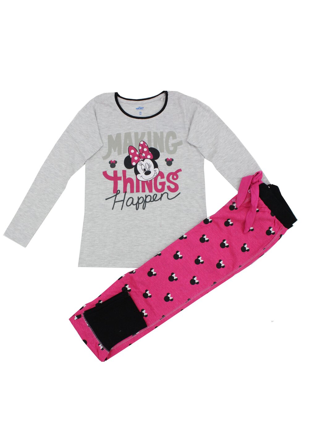 Pijama ML, bumbac, cu imprimeu, Minnie, gri cu pantaloni roz bumbac