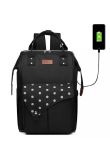 Rucsac pentru mamici, cu mufa USB, negru cu buline mari