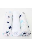 Set 3 scutece, muselina, alb cu stelute albastre, 75 x 70 cm