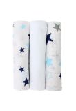 Set 3 scutece, muselina, alb cu stelute albastre, 75 x 70 cm