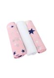 Set 3 scutece, muselina, roz cu stelute bluemarin, 75 x 70 cm