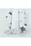 Set 3 scutece, muselina, Stelute mari, gri, 75x70 cm