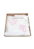 Trusou botez din muselina, alb, 7 piese, brodat, ingeras roz