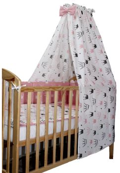 Baldachin patut bumbac, alb cu coronite roz si gri, 200 x 150 cm