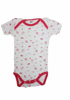 Body maneca scurta,alb cu papion roz