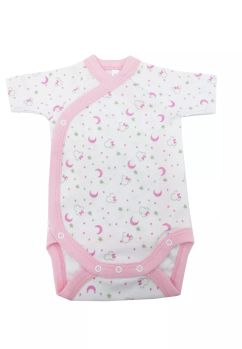 Body maneca scurta, bumbac, Luna si stele, alb cu roz