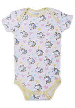 Body maneca scurta, bumbac, Unicorni curcubeu, alb