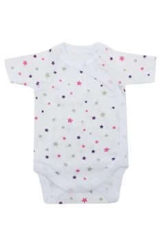 Body maneca scurta, stelute roz si mov, bumbac, alb