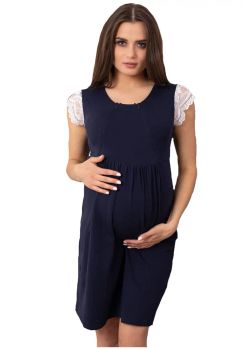 Camasa alaptat, bumbac, cu dantela alba, Bella, bleumarin