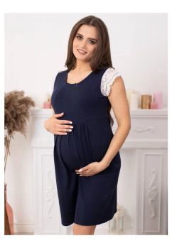 Camasa alaptat, bumbac, cu dantela alba, Bella, bleumarin