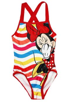 Costum de baie intreg, poliester, Minnie Mouse, rosu cu dungi
