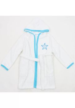 Halat de baie din bumbac, Little star, alb cu turcoaz