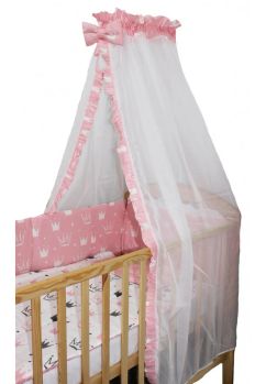 Lenjerie 2 fete, 6 piese, coronite Princess roz, cu baldachin, 140 x 70 cm